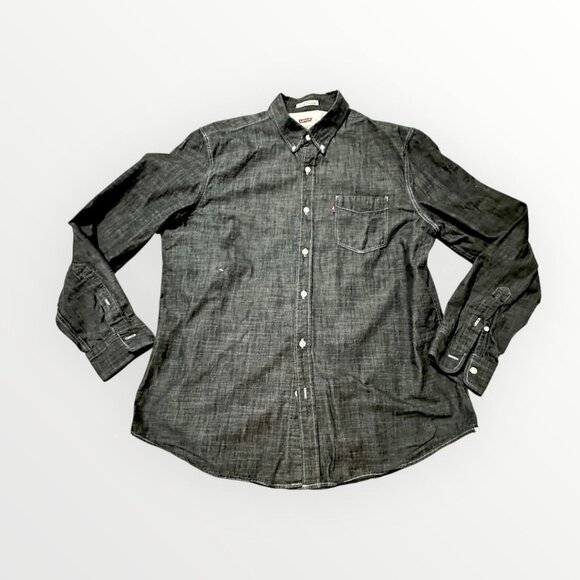 Levi’s Men’s Button Down Shirt XL Black Gray Chambray Long Sleeve Slim Fit Cotto - Picture 5 of 13